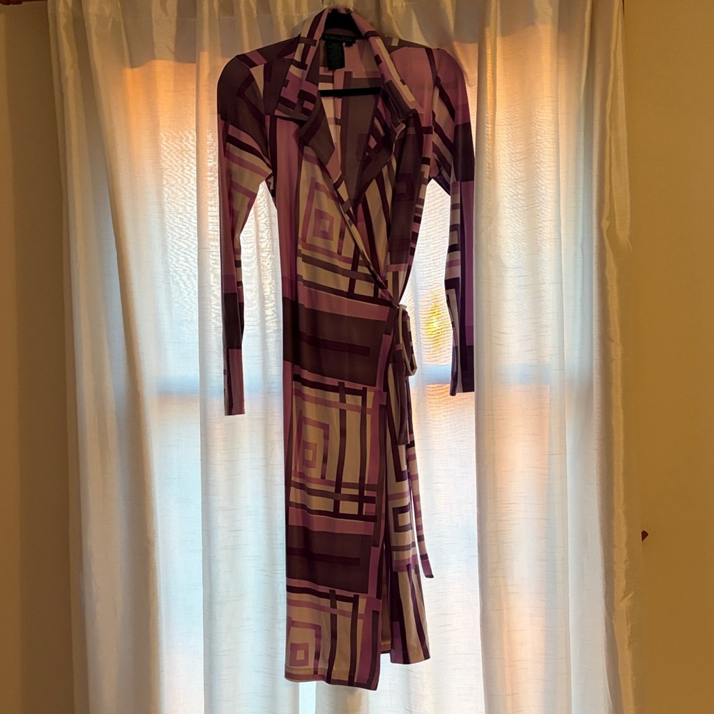 BCBG Purple Geometric Long-Sleeve Wrap Dress